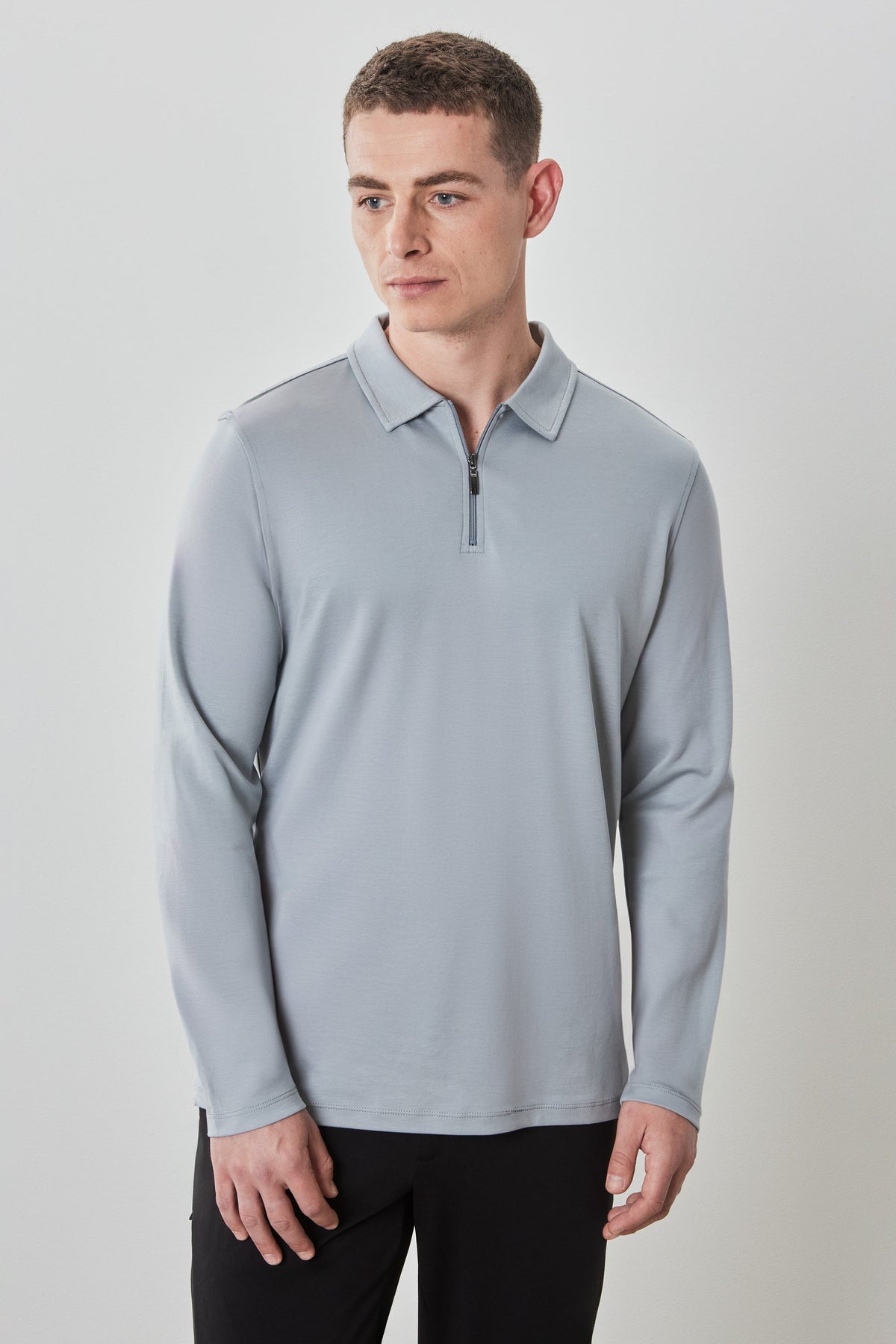 Men's Pima Cotton Long Sleeve Zipper Polo in Grey