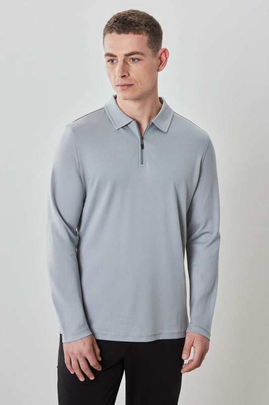 Men's Pima Cotton Long Sleeve Zipper Polo in Grey