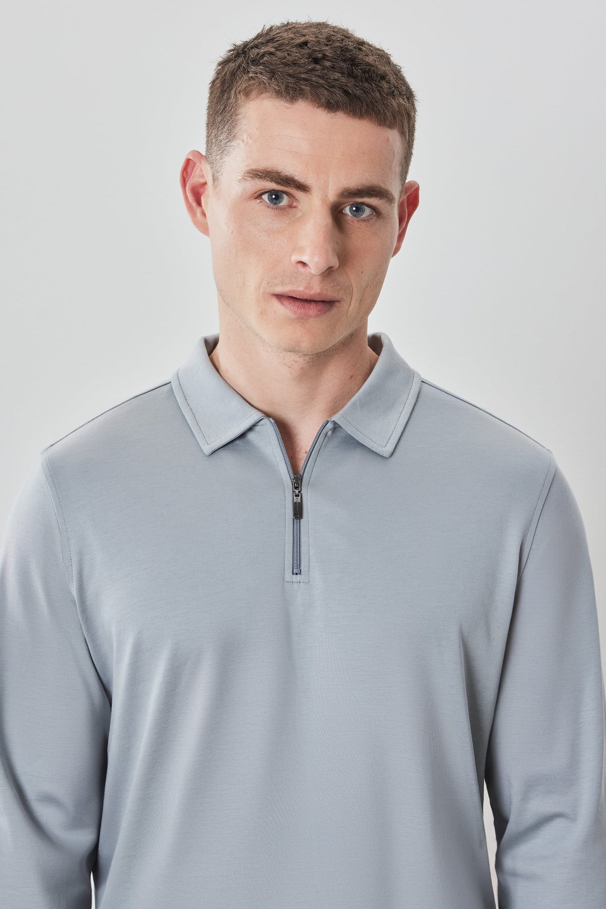 Men's Pima Cotton Long Sleeve Zipper Polo in Grey