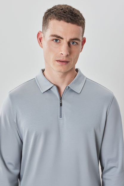 Men's Pima Cotton Long Sleeve Zipper Polo in Grey