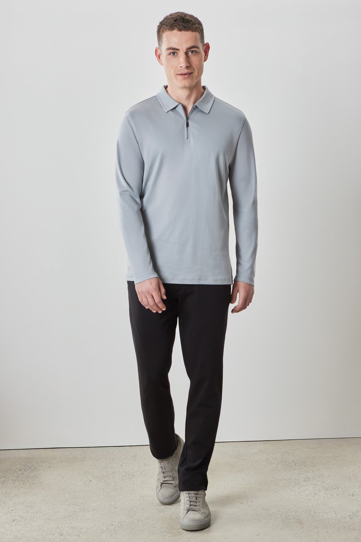 Men's Pima Cotton Long Sleeve Zipper Polo in Grey