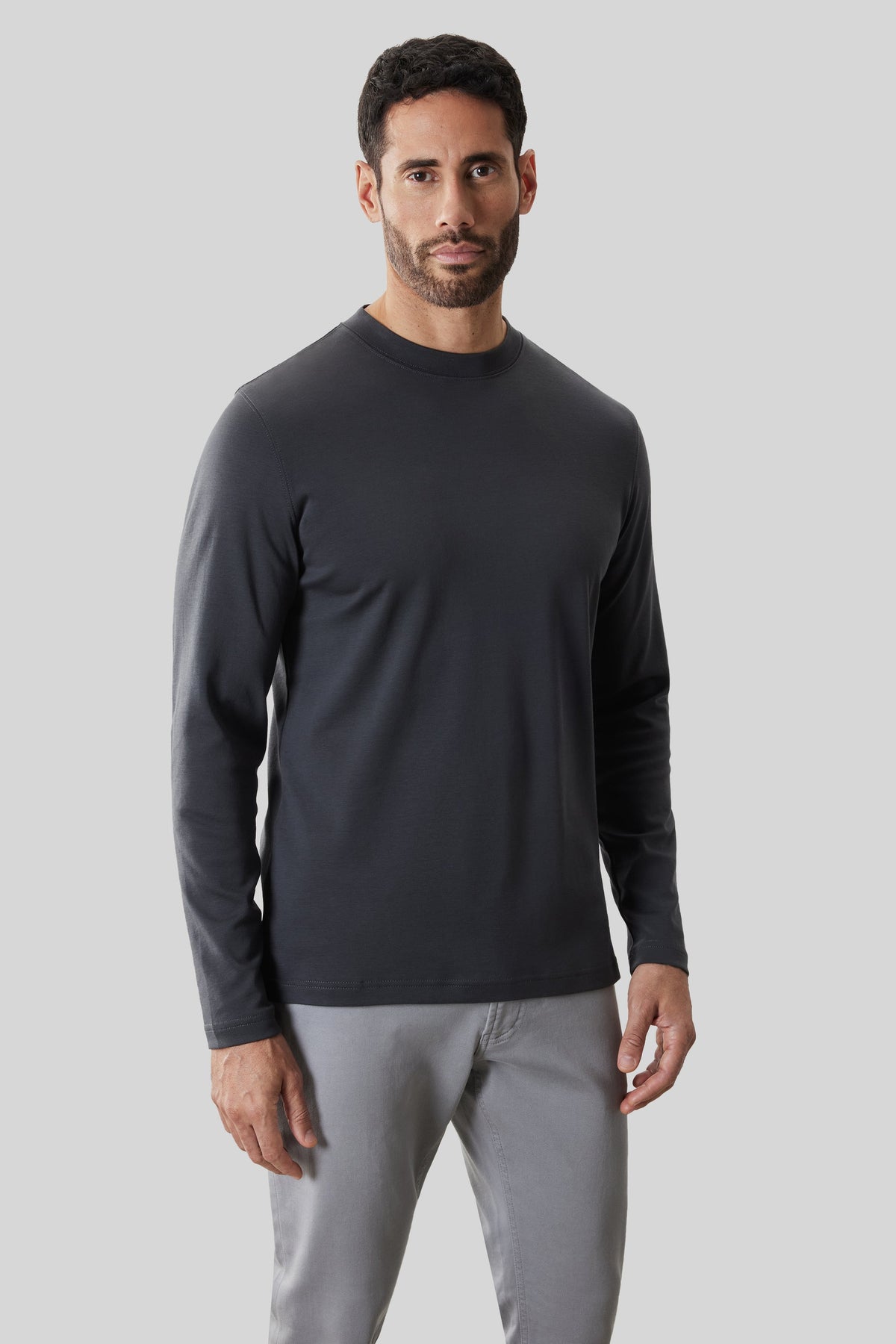 Men's Pima Cotton Long Sleeve Crew Neck T-Shirt in Cannon Grey